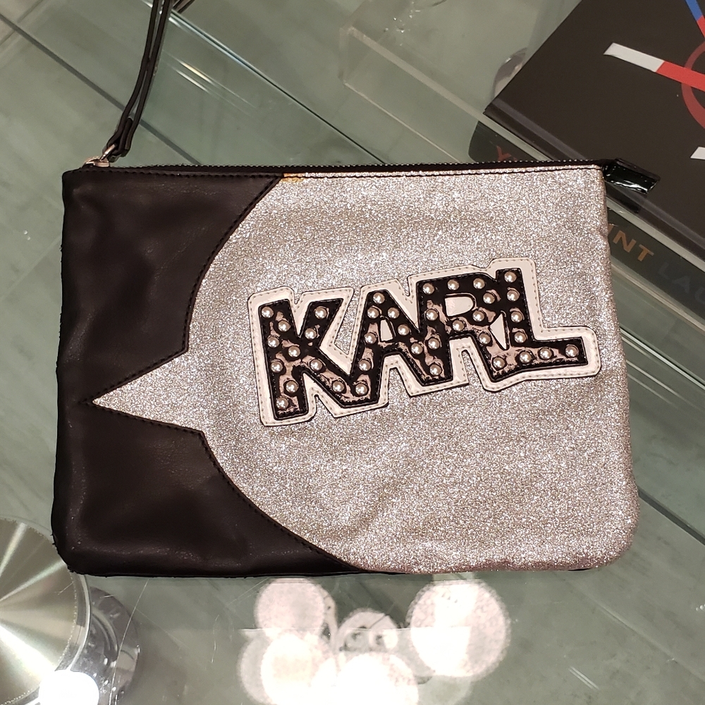 Flash Sale - Karl Lagerfeld silver glitter and black pleather wristlet bag